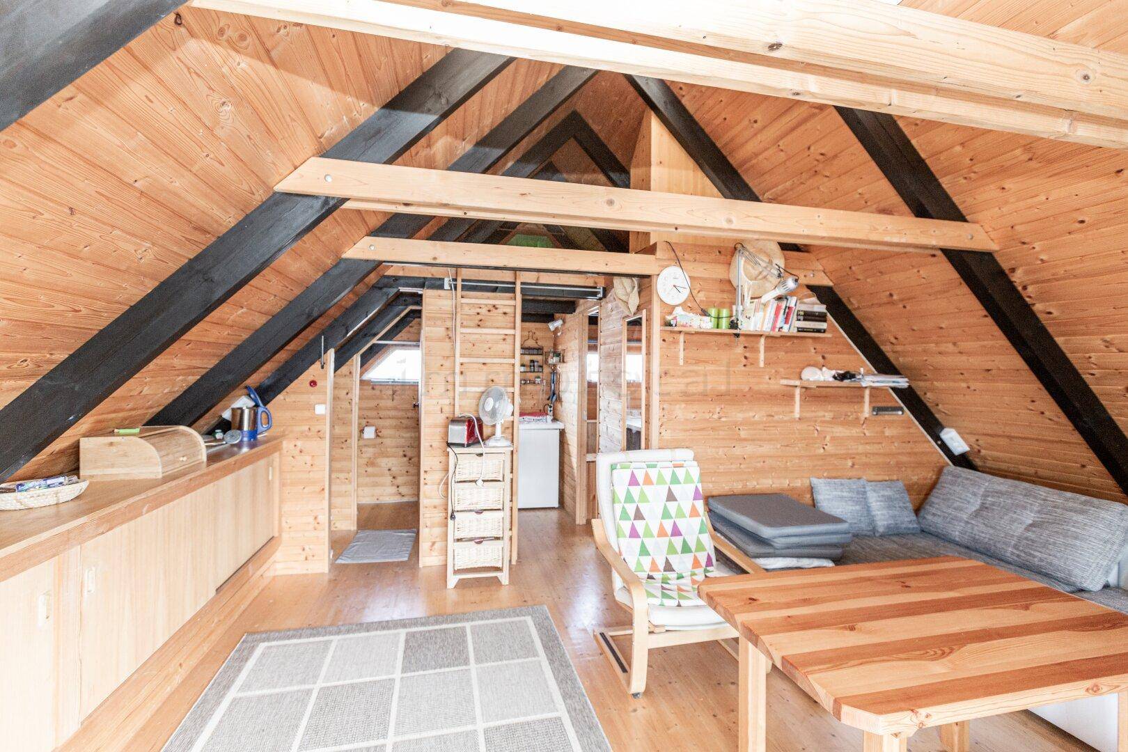 Rustikaler Wohnbereich mit Holzverkleidung, sichtbaren Dachbalken und gemütlicher Sitzecke.
