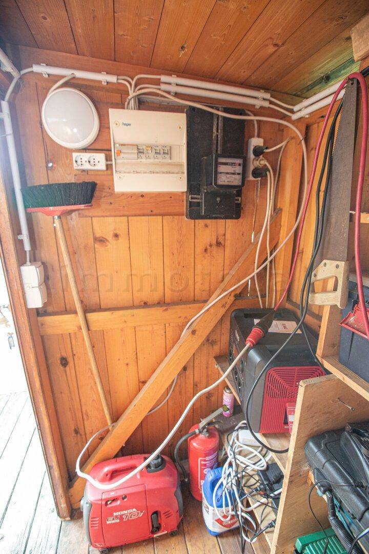 Technikraum mit Sicherungskasten, Generator und verschiedenen elektrischen Anschlüssen.