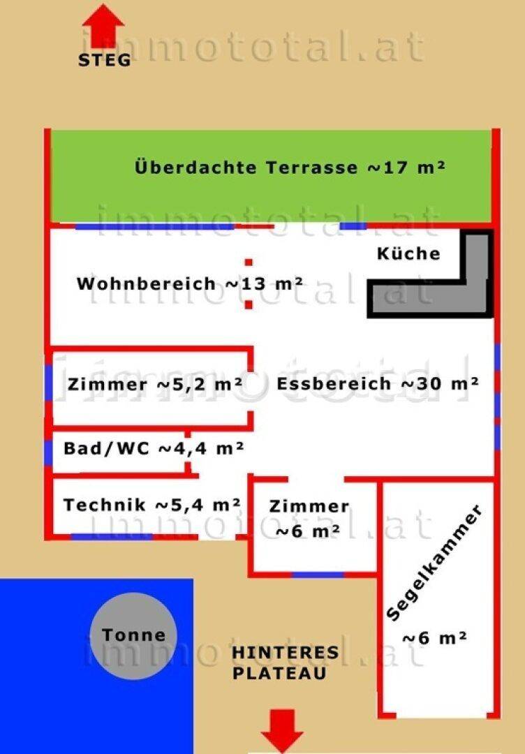 Grundriss mit überdachter Terrasse, offenem Wohn- und Essbereich, Küche und mehreren Zimmern.