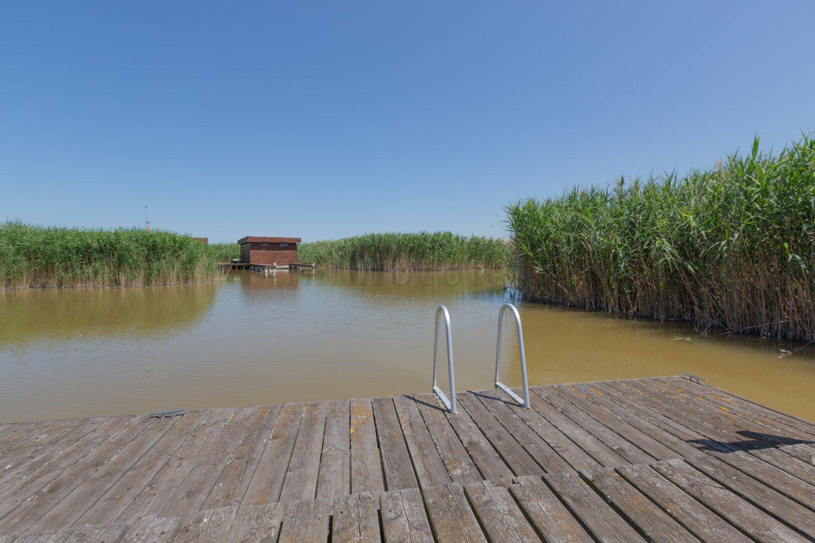 Holzsteg mit Badeleiter und Blick auf das Wasser sowie ein weiteres Haus in der Ferne.