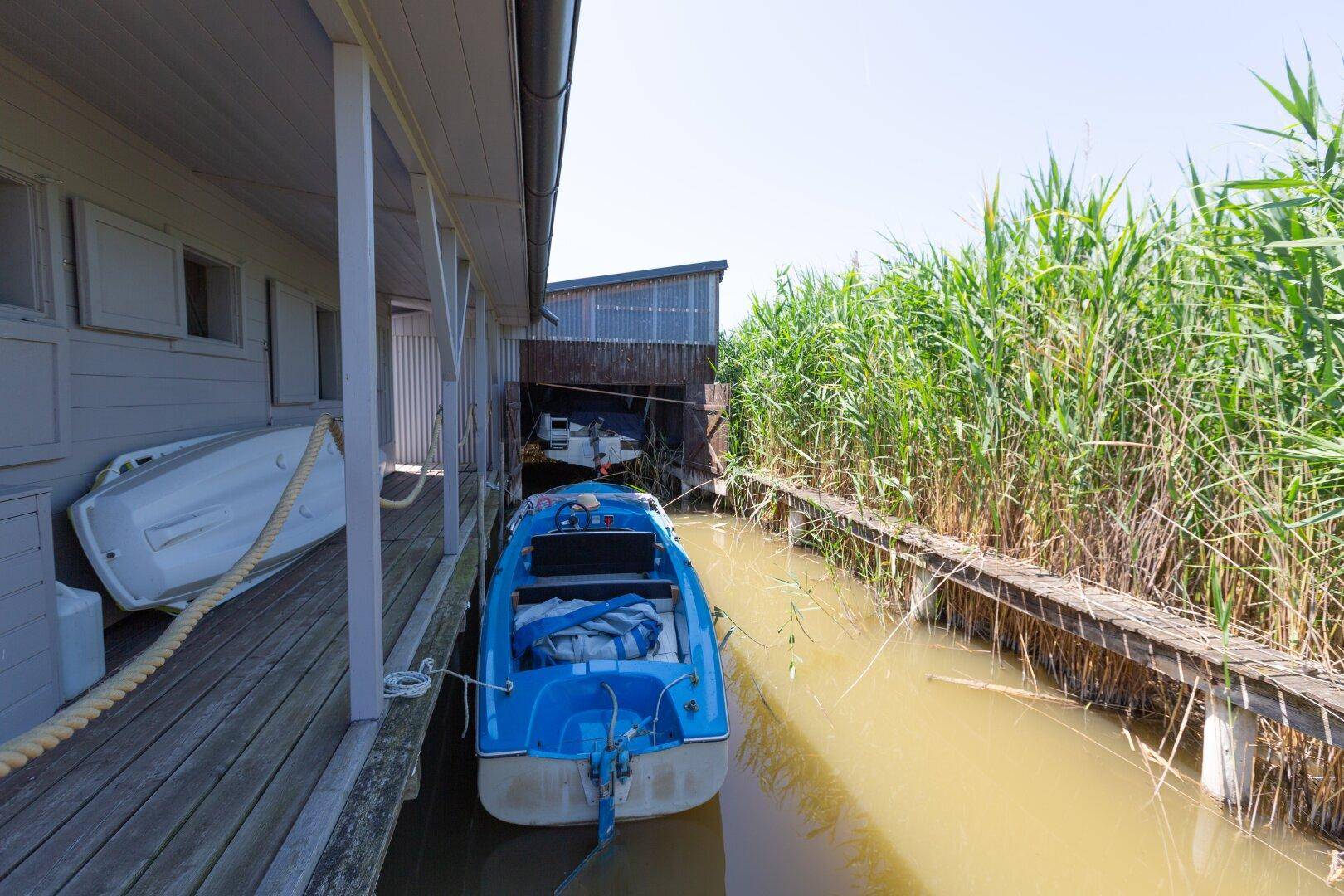 Schmaler Kanal entlang des Hauses mit einem festgemachten Boot und dichtem Schilf.