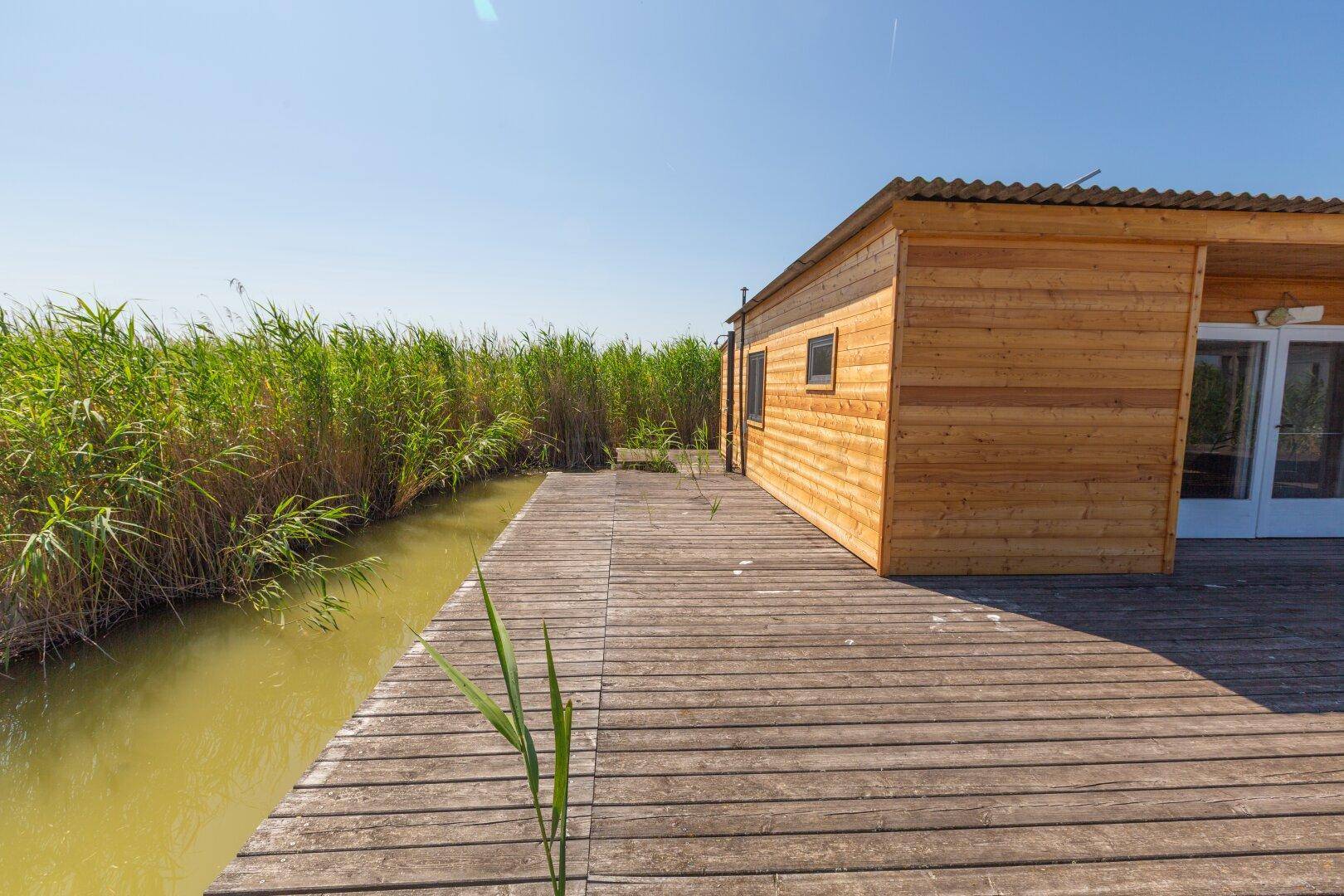 Holzterrasse entlang des Hauses mit Blick auf den Kanal und das umliegende Schilf.