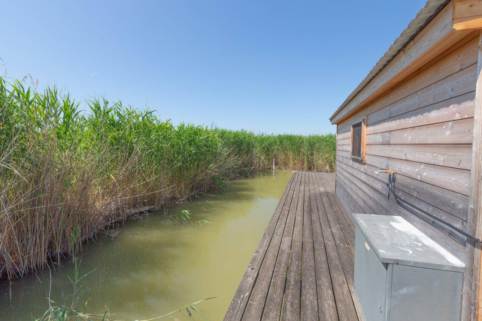 Schmale Holzterrasse entlang des Hauses mit Blick auf den schmalen Kanal und das dichte Schilf.
