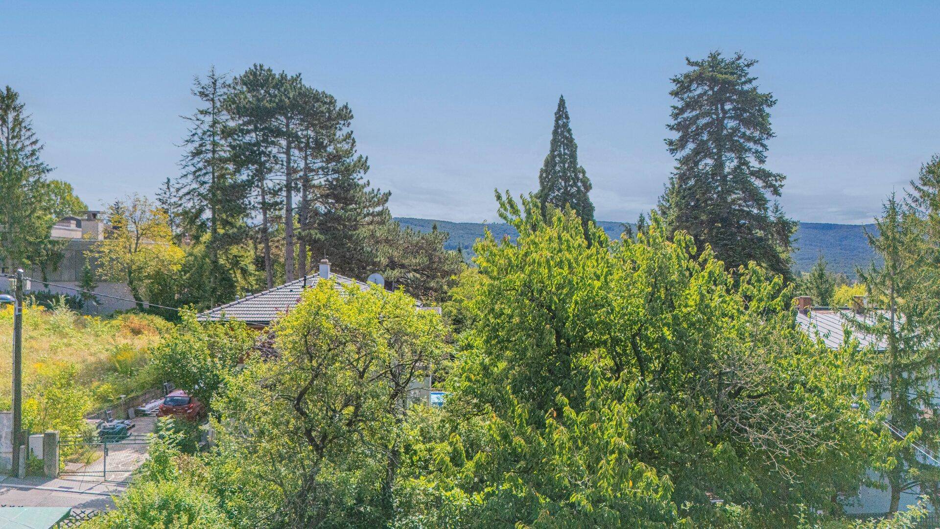 Weitblick über Baumwipfel und Dächer von Häusern auf eine malerische Landschaft mit Hügeln.