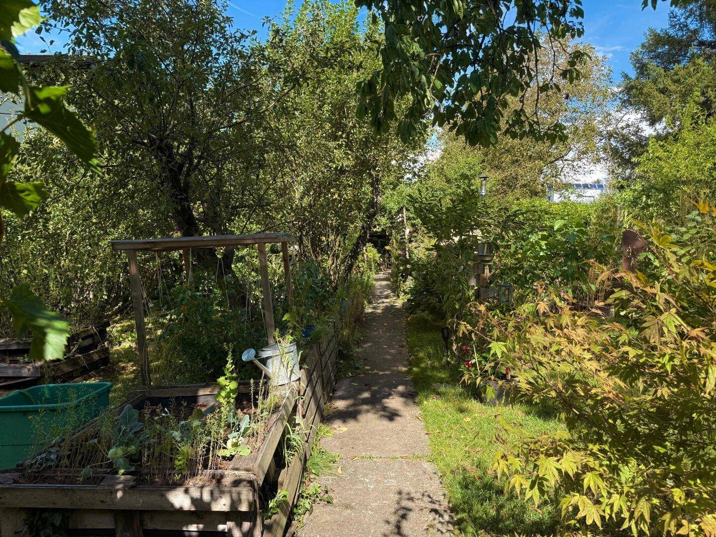 Ein idyllischer Gartenweg führt vorbei an Hochbeeten und dichtem Bewuchs unter schattenspendenden Bäumen.