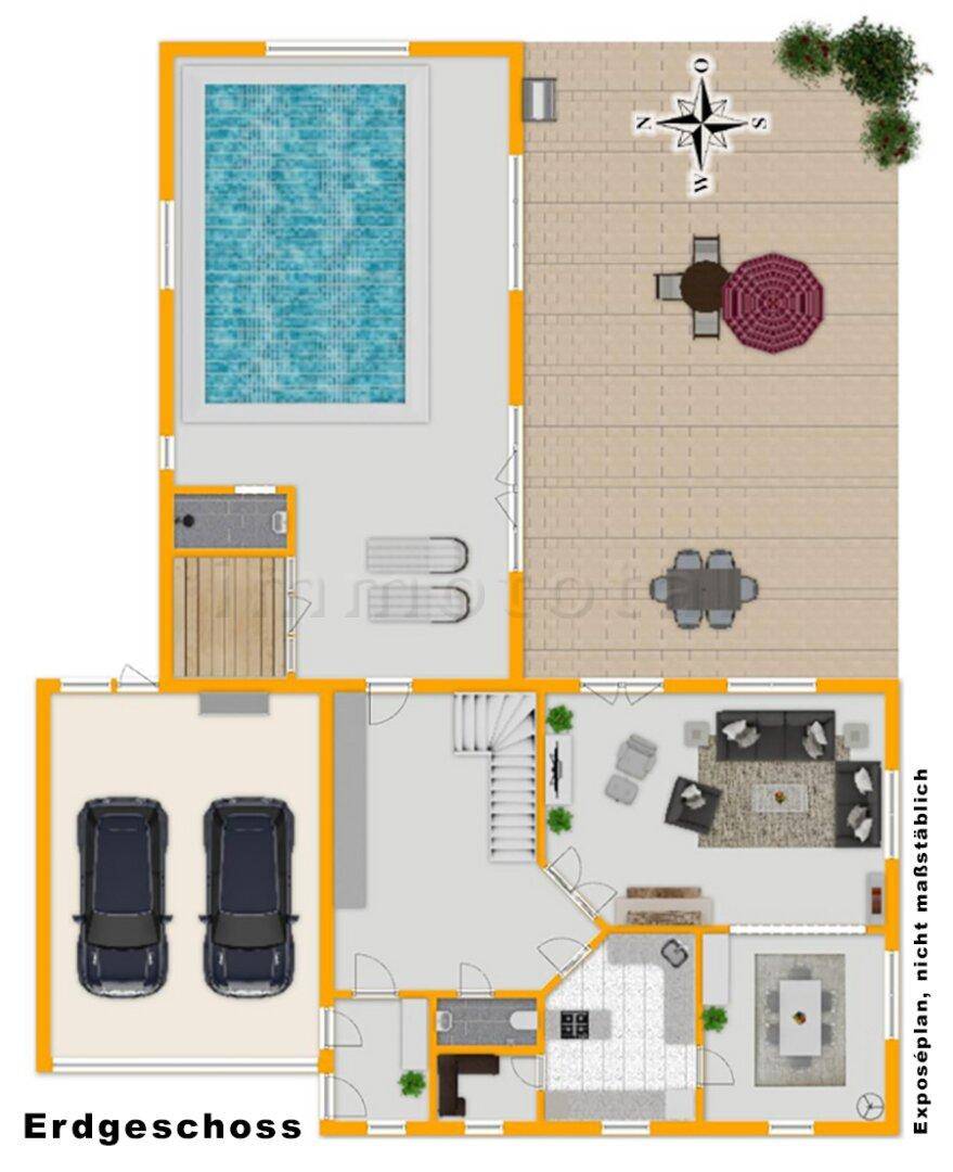 Grundriss des Erdgeschosses mit Pool, Terrasse, Garage und Wohnbereich.