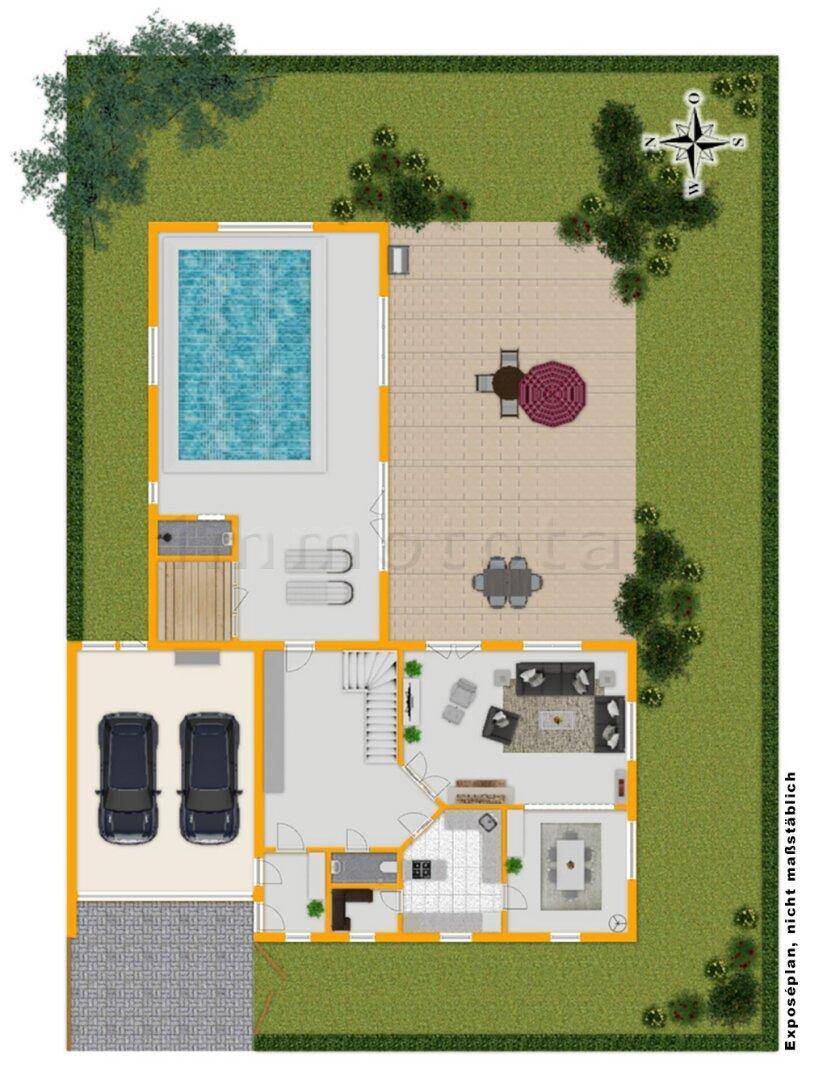 Gesamtgrundriss des Erdgeschosses mit Garten, Pool, Terrasse und Garage.