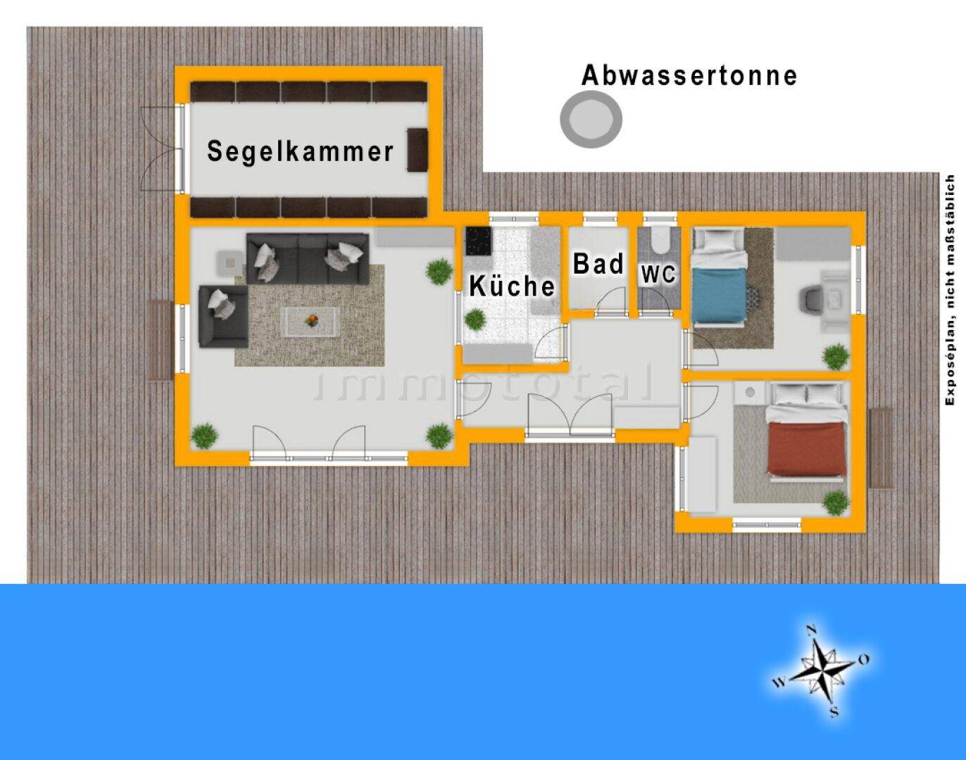 Detaillierter Grundriss des Hauses mit Wohnbereich, Küche, Bad, WC und zwei Schlafzimmern.