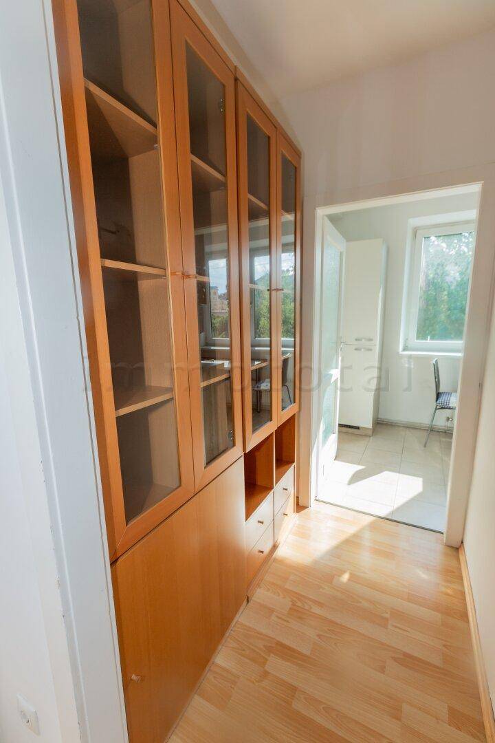 Heller Flur mit Laminatboden und einem großen Holzschrank mit Glastüren.