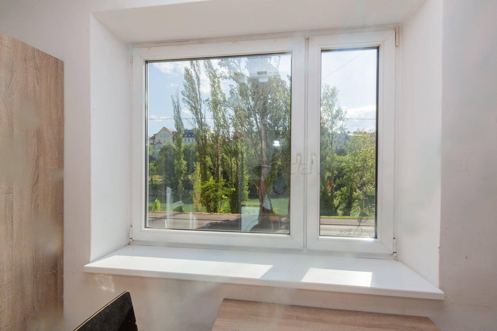 Fensterbereich mit Blick auf Bäume und die gegenüberliegende Bebauung, viel Tageslicht.