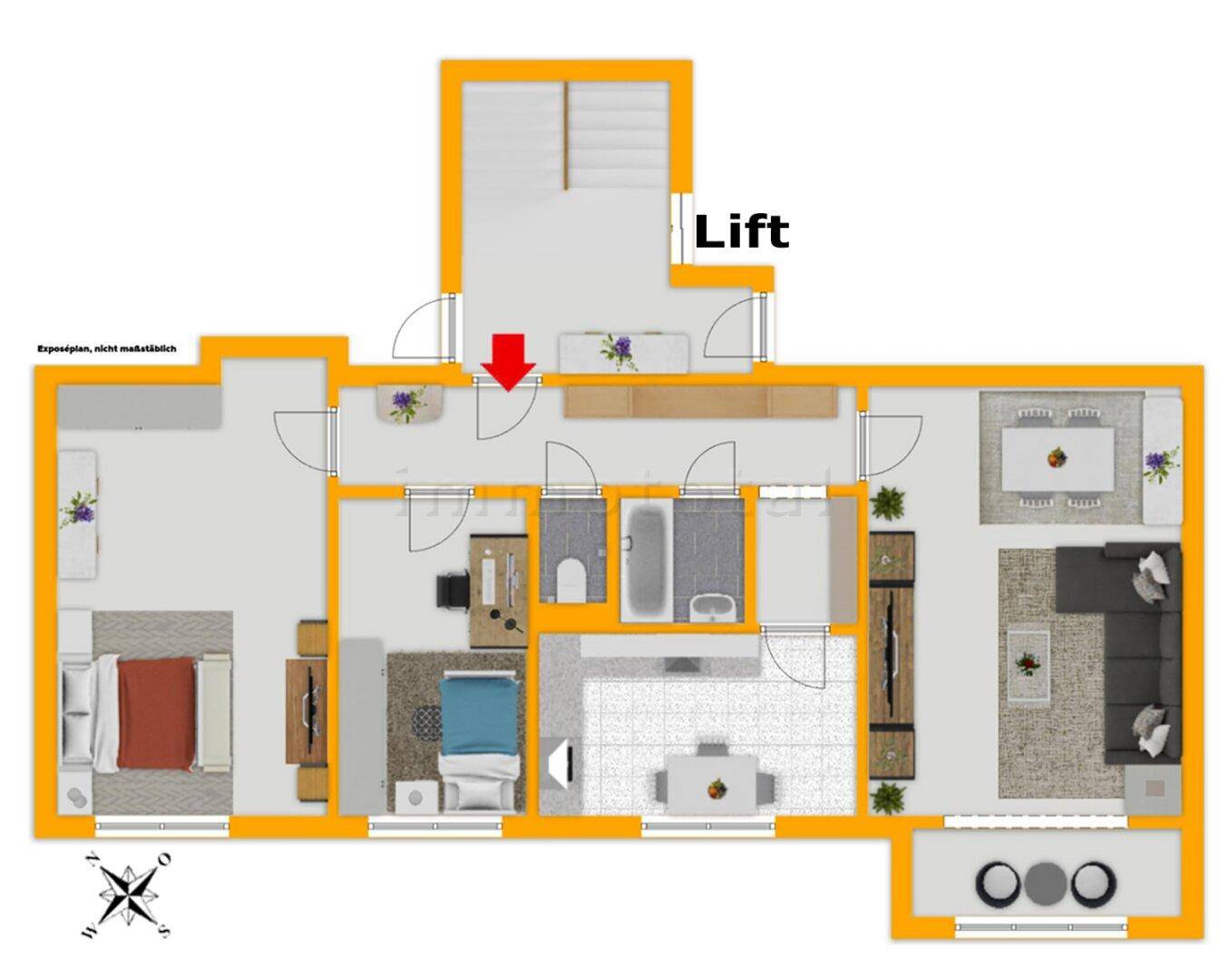 Detaillierter Grundriss der Wohnung mit Liftzugang, Schlafzimmern und offenem Wohnbereich.