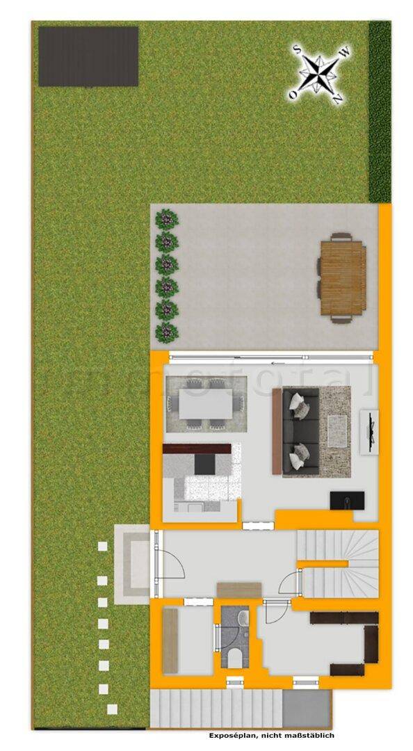 Grundriss des Erdgeschosses mit offenem Wohnbereich, Terrasse und großem Garten.