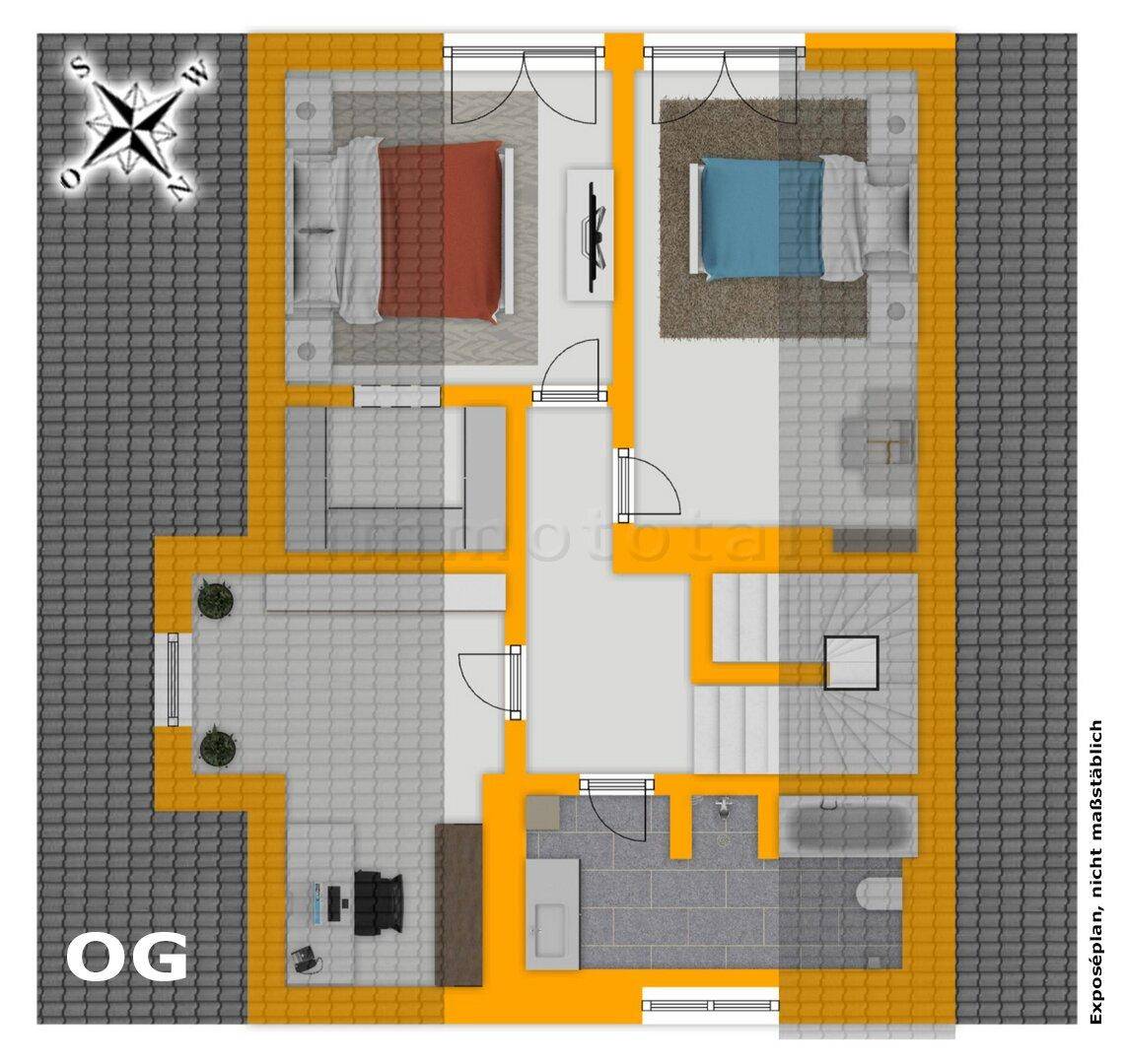 Grundriss des Obergeschosses mit zwei Schlafzimmern und einem modernen Badezimmer.