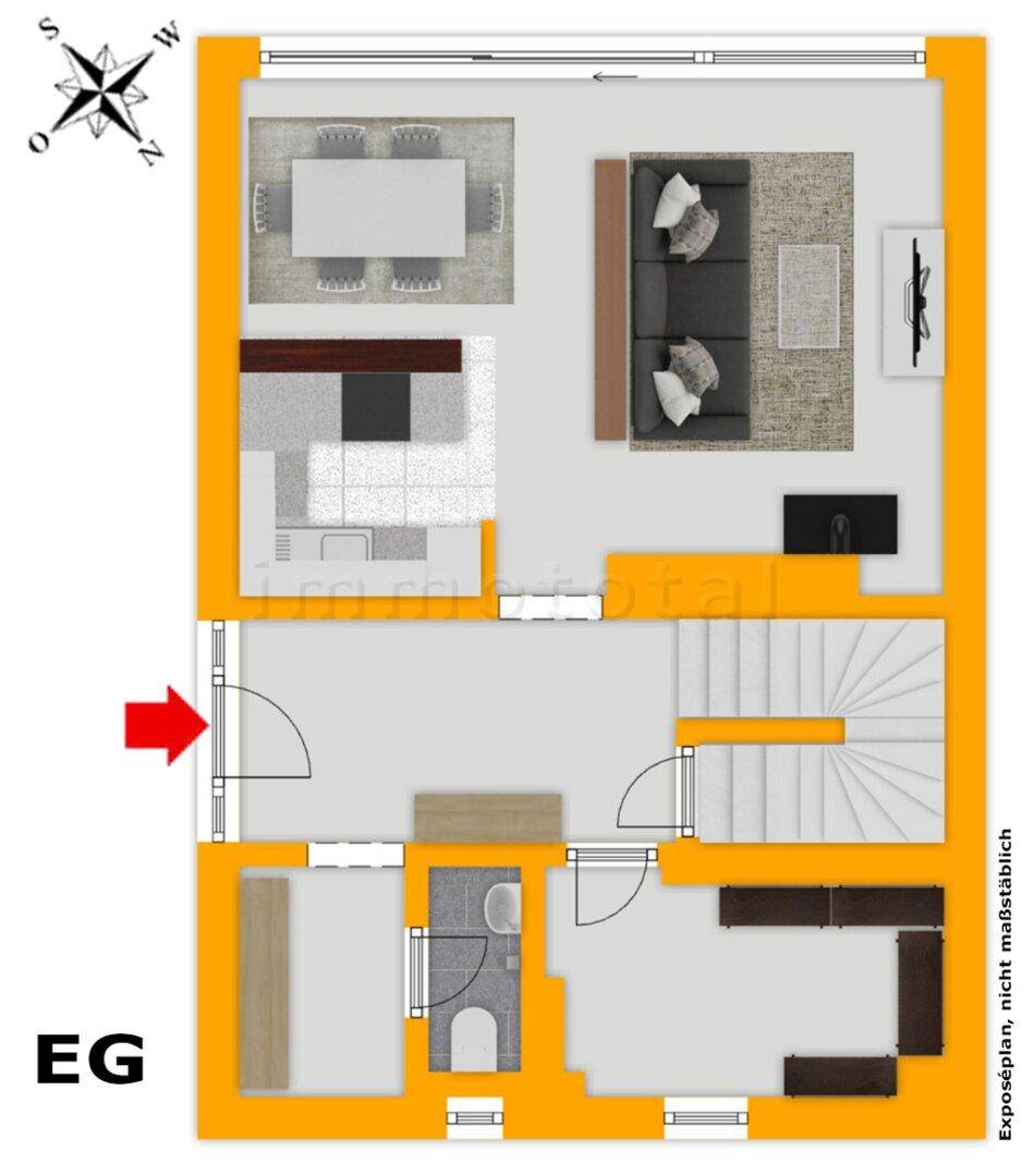 Grundriss des Erdgeschosses mit offenem Wohn- und Essbereich sowie integrierter Küche.