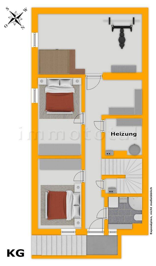 Grundriss des Kellergeschosses mit zwei weiteren Schlafzimmern und Technikraum.