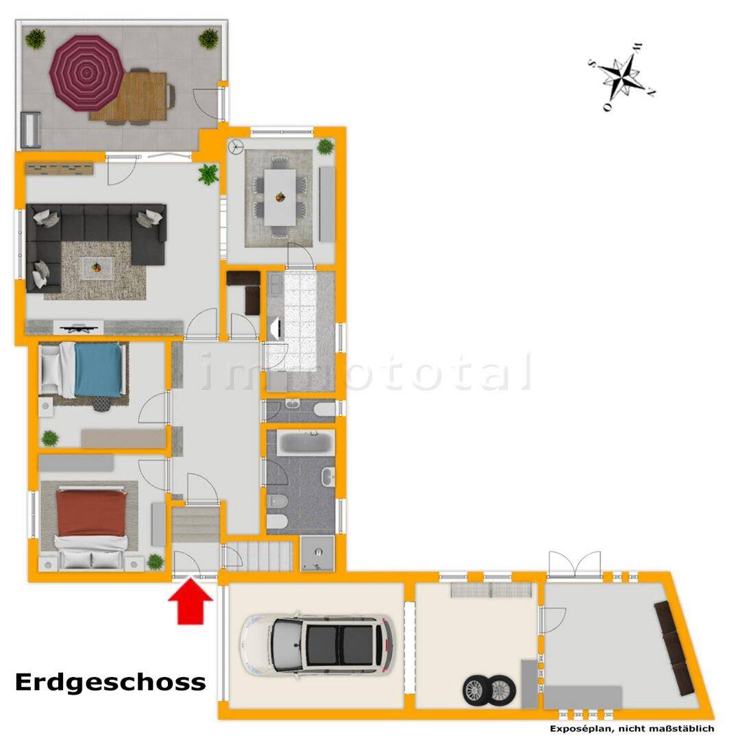 Detaillierter Grundriss des Erdgeschosses mit Raumaufteilung und Außenbereichen.