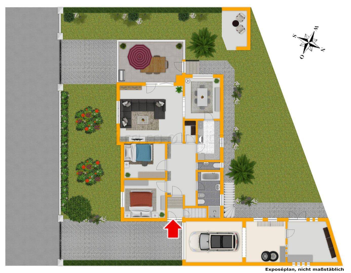 Grundriss des Erdgeschosses mit Wohnbereich, Schlafzimmern, Garage und Garten.