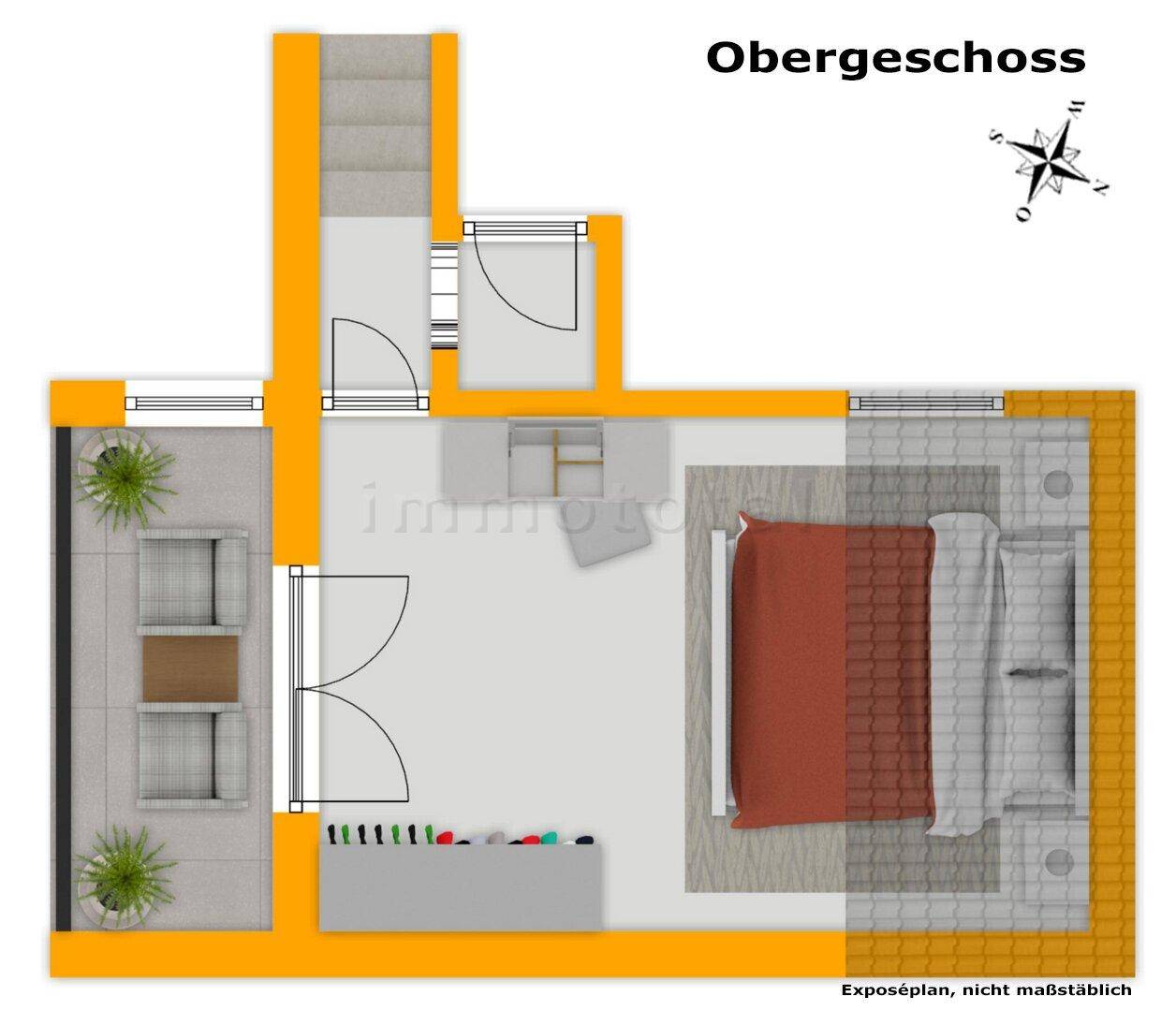 Grundriss des Obergeschosses mit Schlafzimmer, Flur und großer möblierter Terrasse.