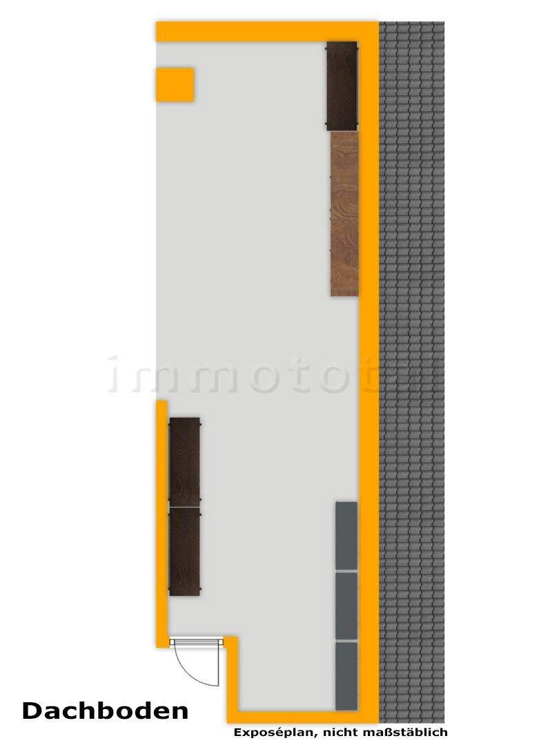 Grundriss des Dachbodens mit langem, schmalem Grundriss und eingebauten Regalen für Stauraum.
