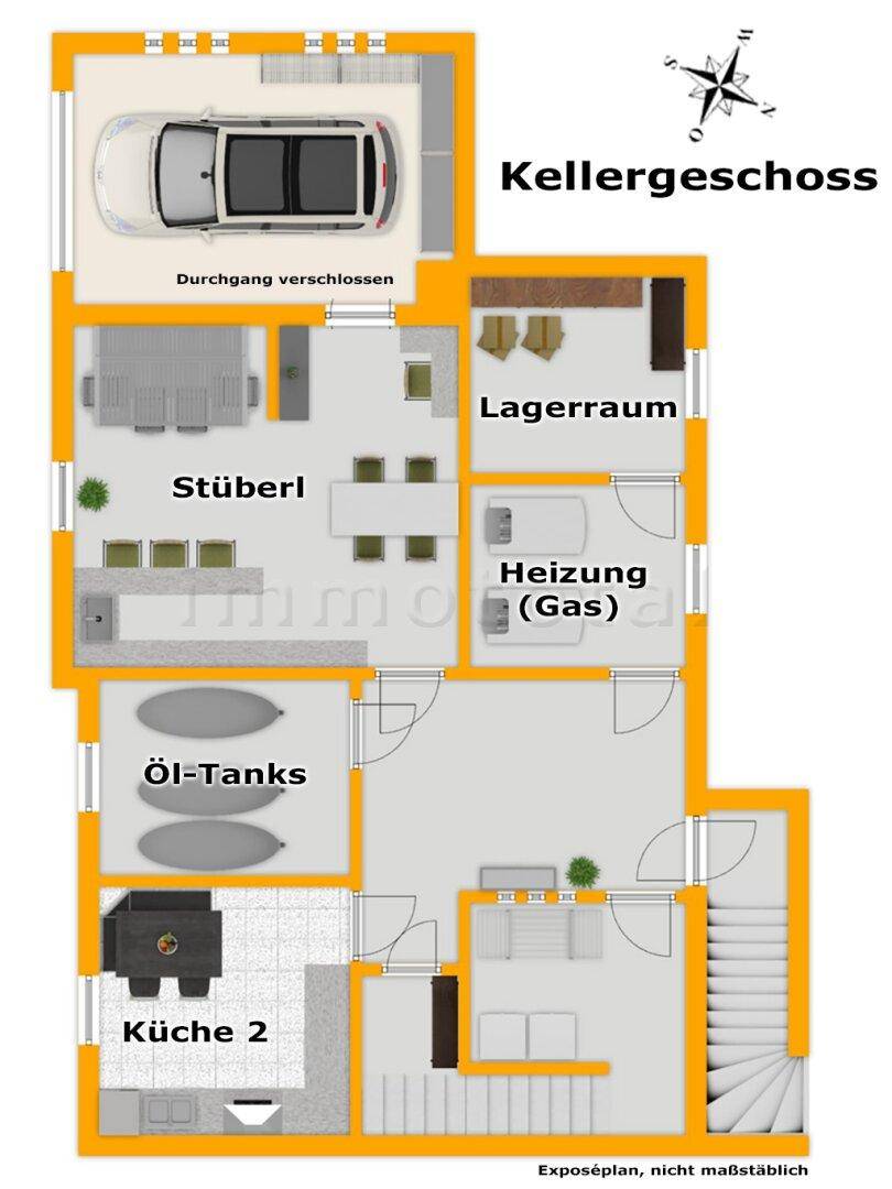 Grundriss des Kellergeschosses mit Garage, Heizraum, Lagerräumen, Stüberl und einer zweiten Küche.