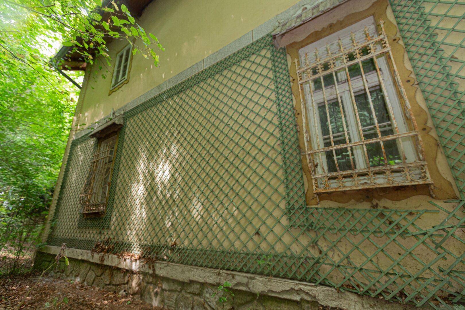 Fassadendetail eines alten Gebäudes mit grünen Rankgittern und vergitterten Fenstern.