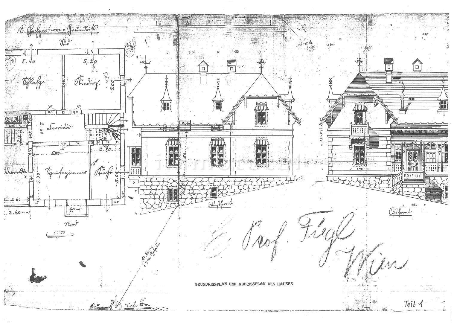 Historischer Grundriss und Aufrissplan eines Hauses mit mehreren Etagen.