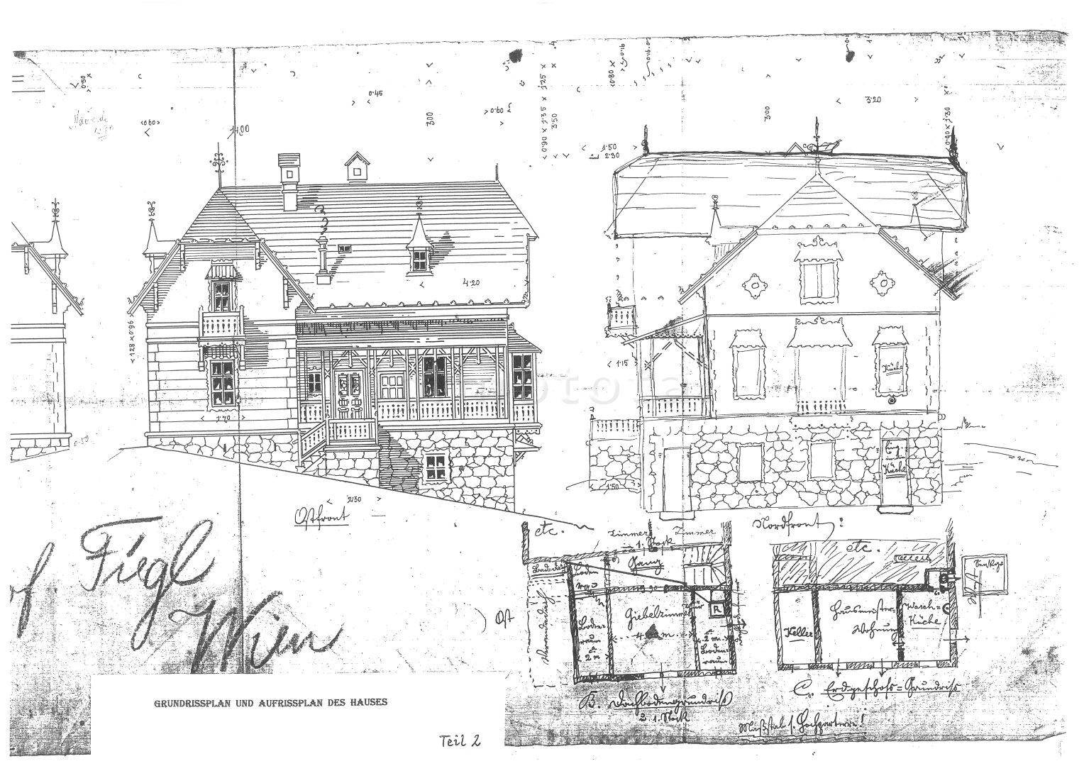 Detaillierter Grundriss und Aufrissplan eines historischen Gebäudes.
