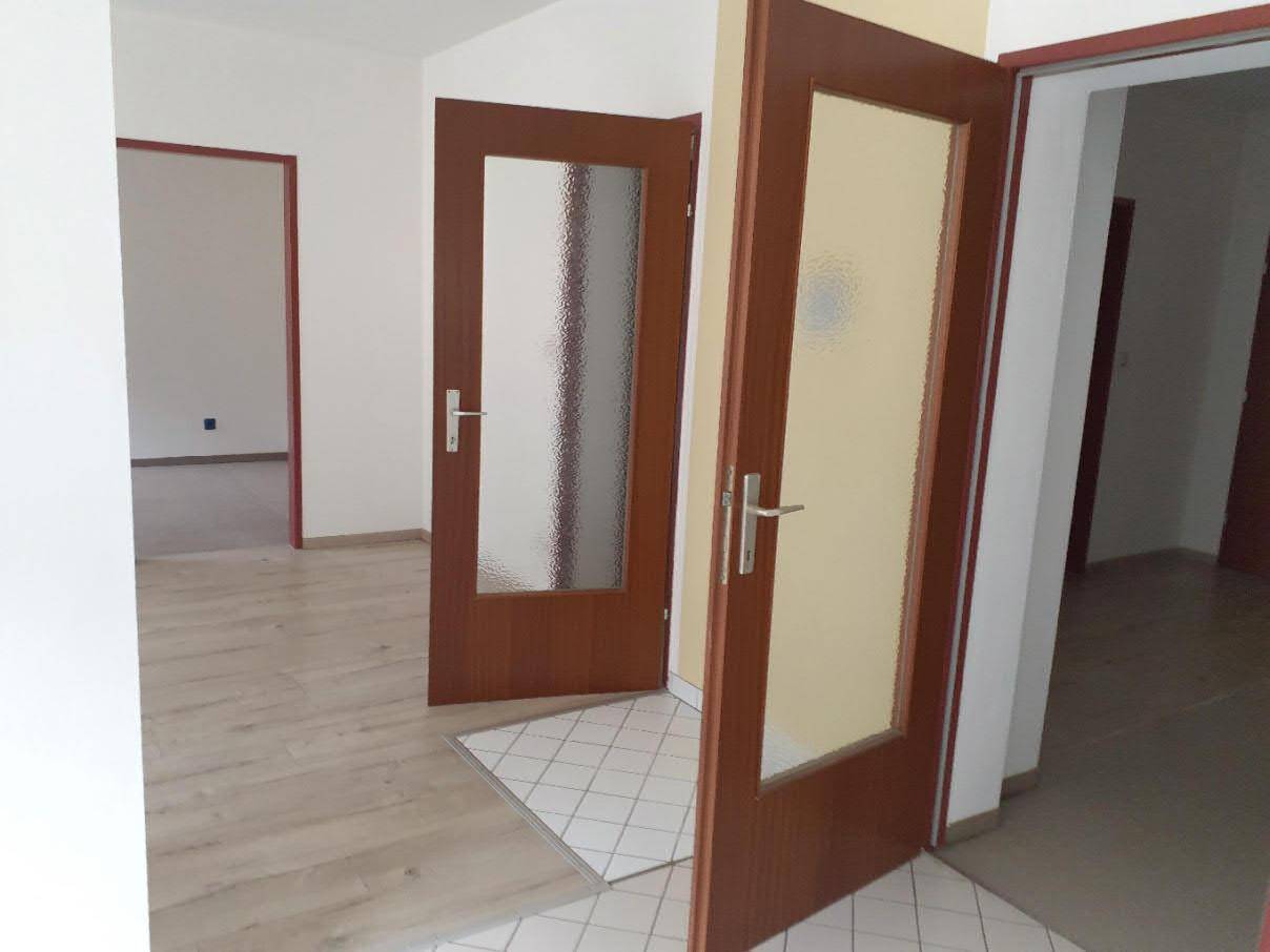 Eingangsbereich mit hellem Laminatboden und zwei Holztüren mit Glaseinsätzen, gut beleuchtet.