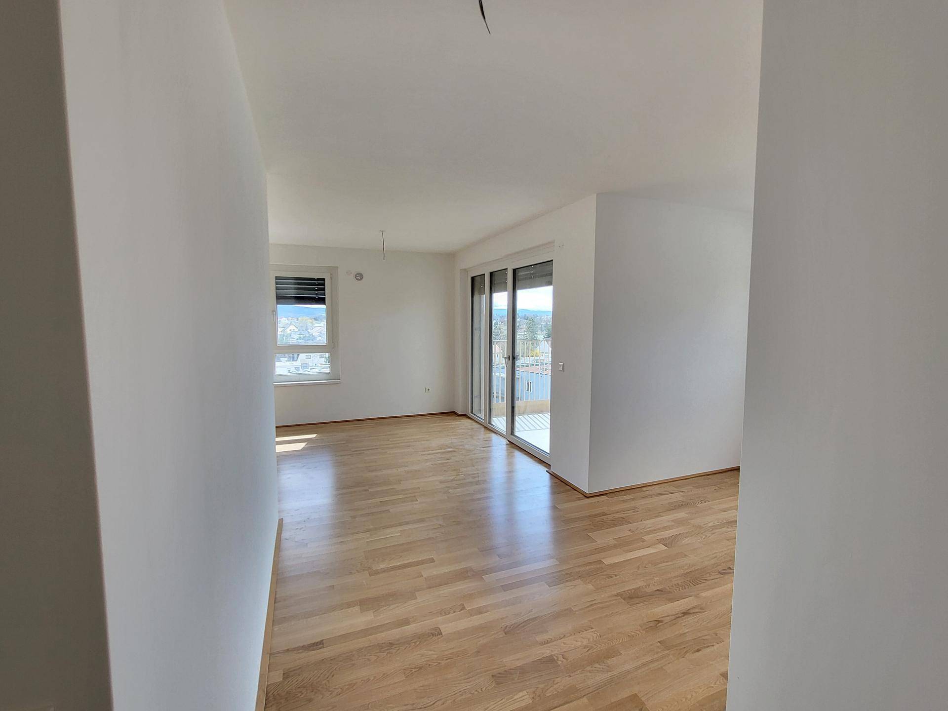 Blick vom Vorraum ins Wohnzimmer mit Küchenbereich