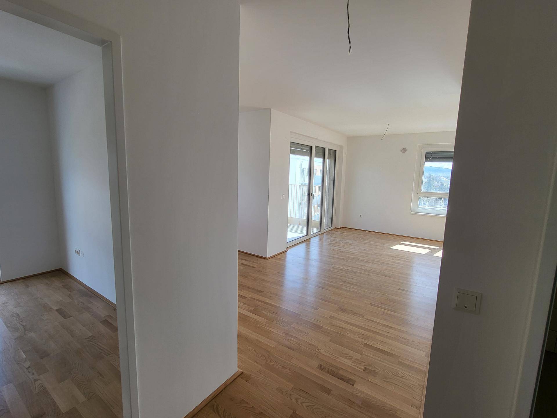 Blick vom Vorraum in Wohnzimmer mit Küchenbereich