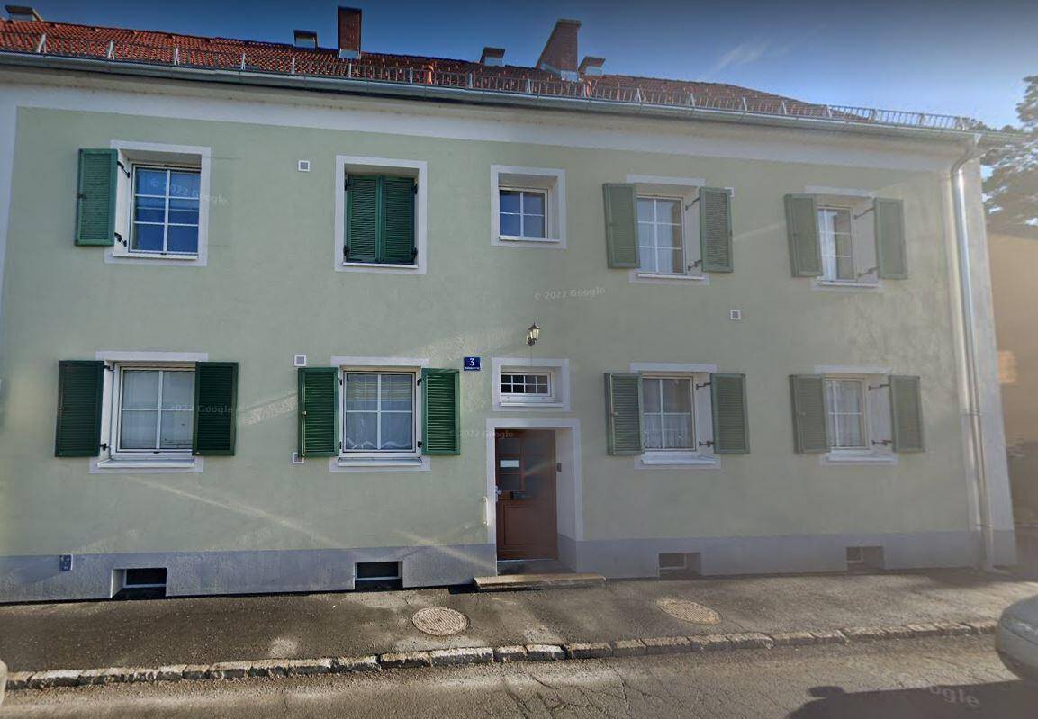 Grünes Mehrfamilienhaus mit rotem Ziegeldach, grünen Fensterläden und Haustür an der Straße.