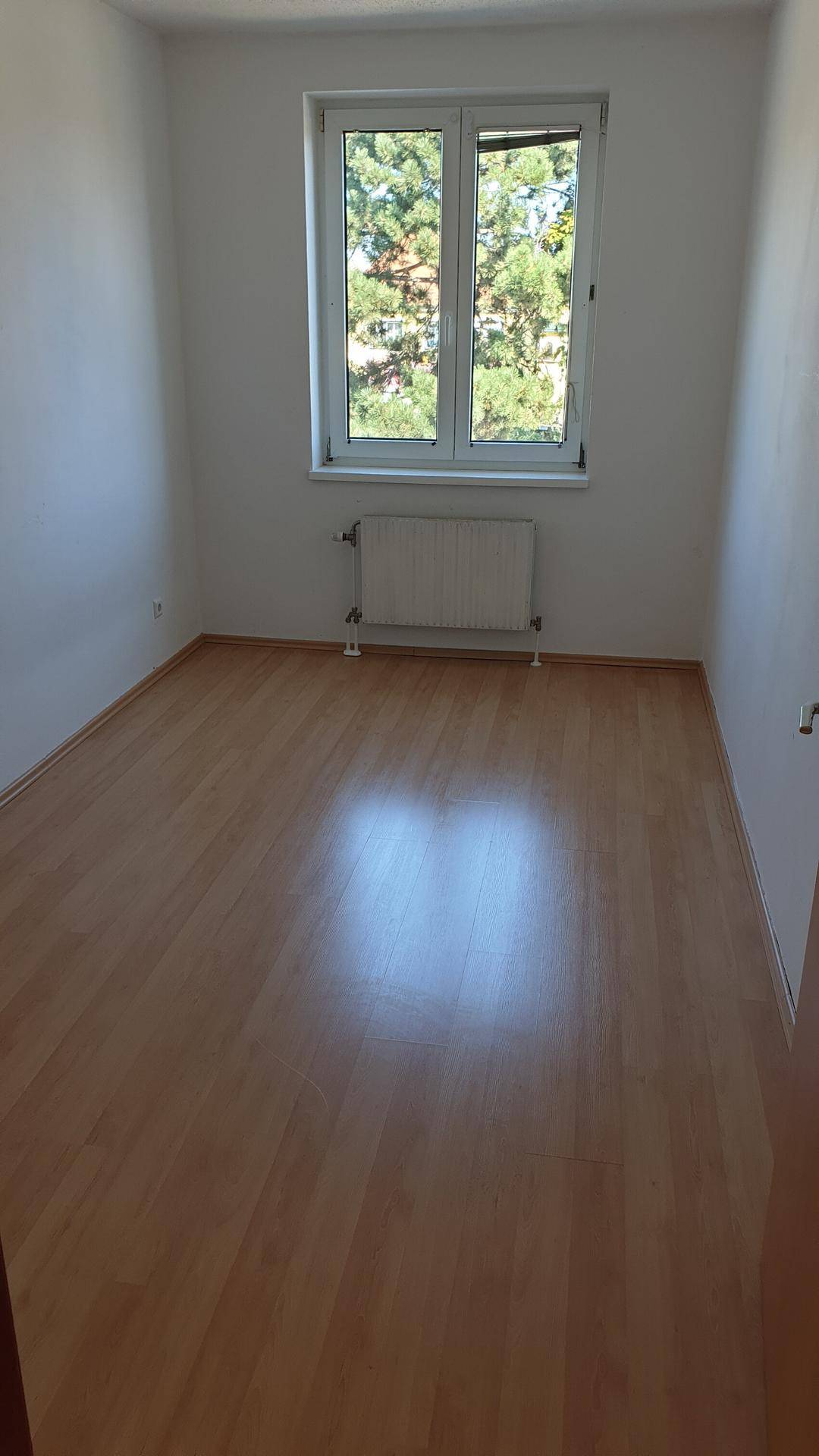 Leeres Zimmer mit Laminatboden, großem Fenster und Heizkörper, bereit zur Einrichtung.