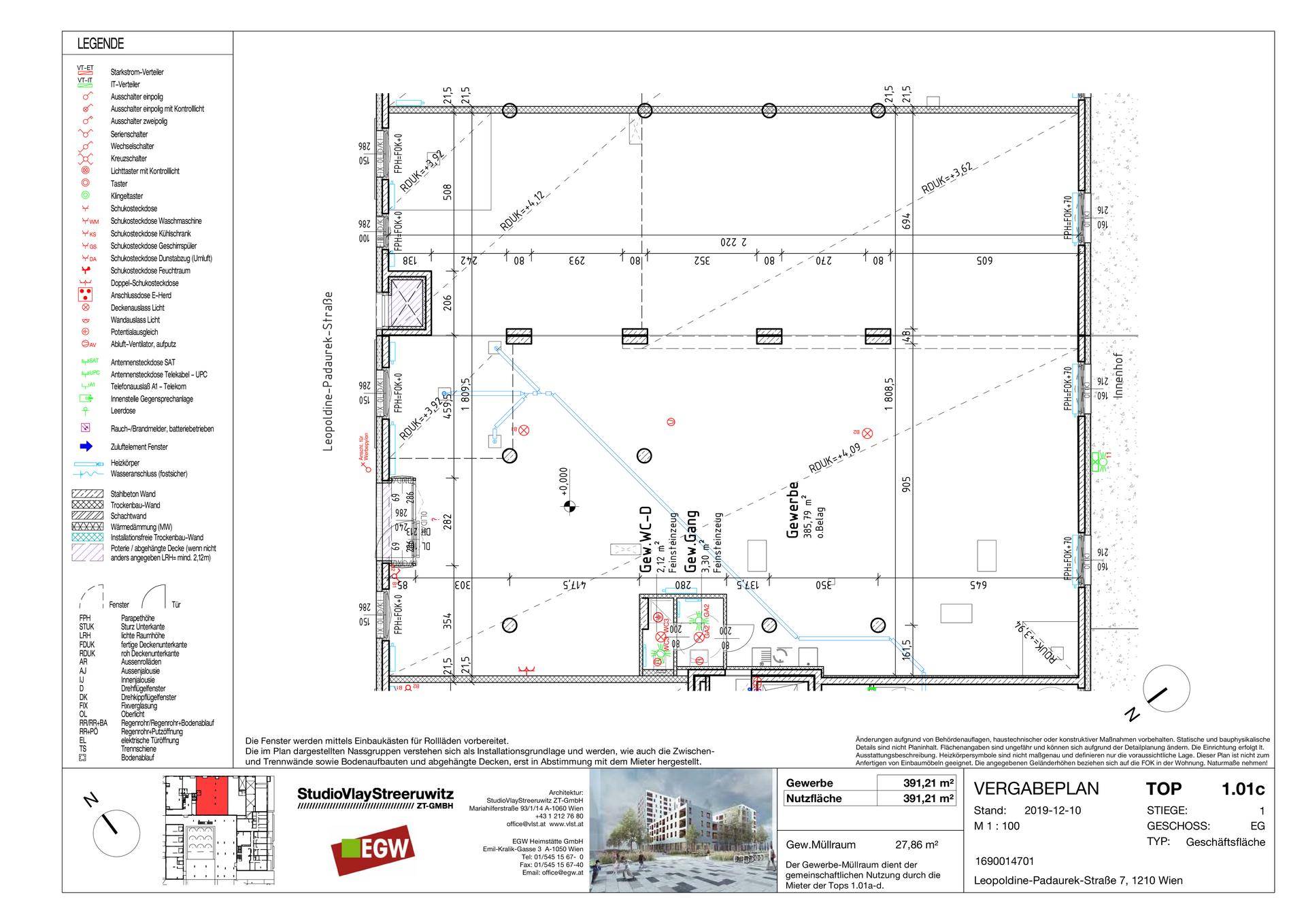 Detaillierter Vergabeplan für eine Gewerbefläche mit Grundriss, Maßen und Legende.