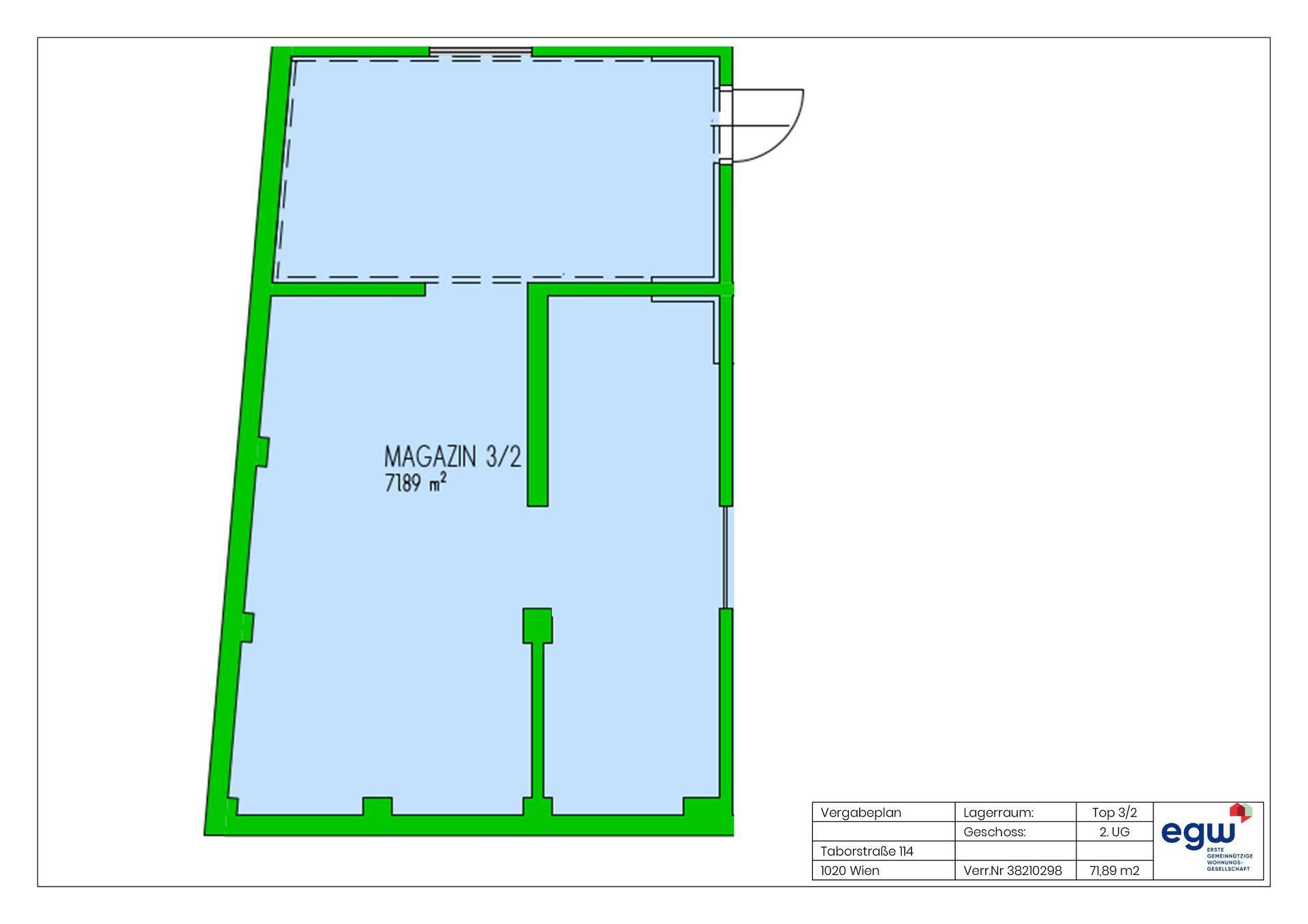 Grundriss eines Lagerraums im zweiten Untergeschoss mit einer Gesamtfläche von 71,89 m².