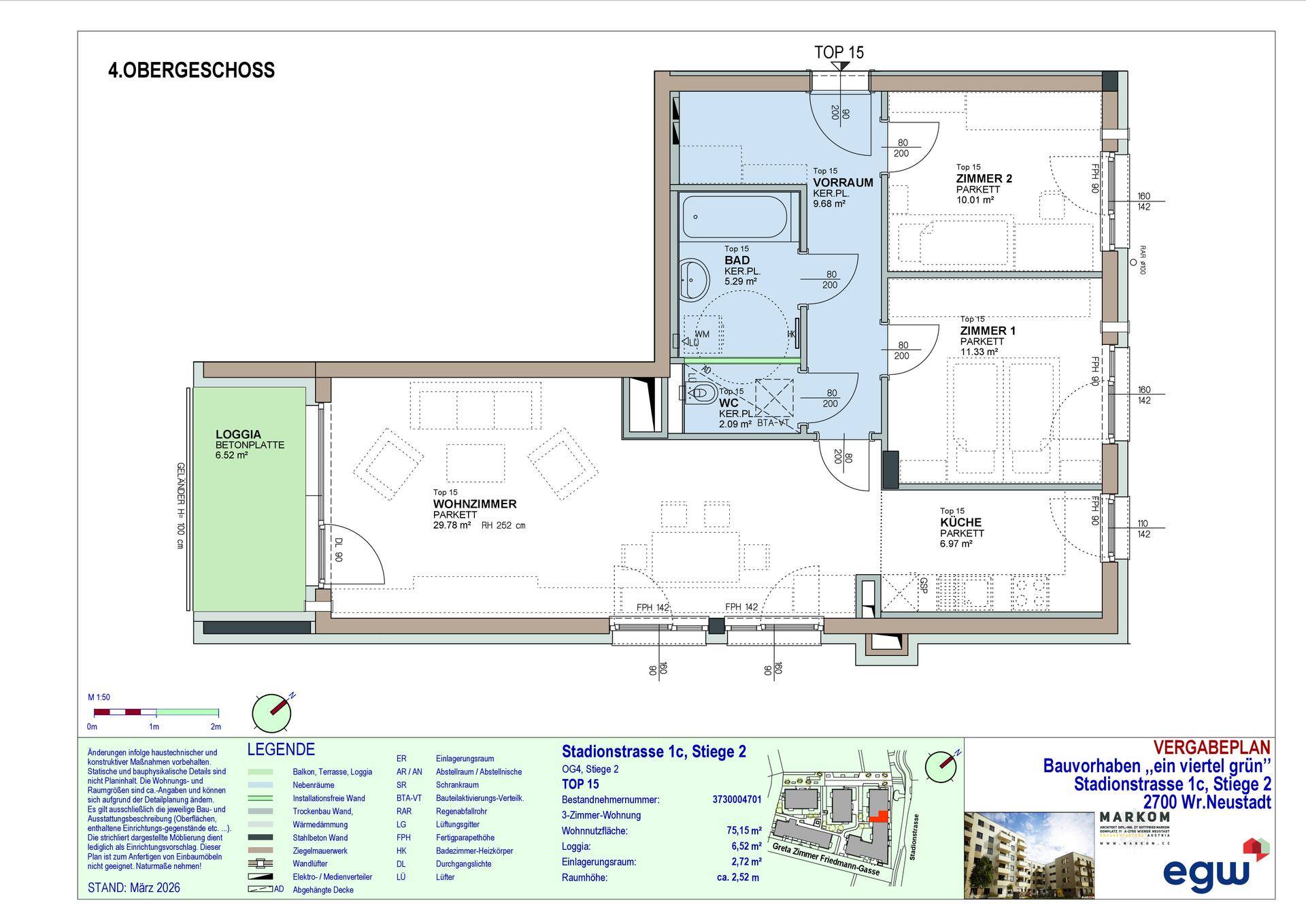 Grundriss einer modernen Wohnung mit Wohnzimmer, Küche, zwei Schlafzimmern, Bad, WC und Loggia.