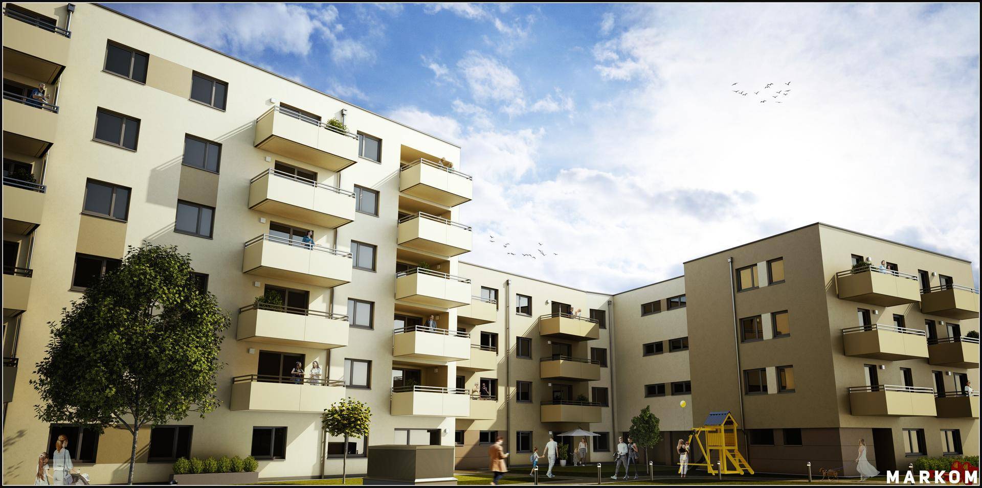 Wohnhausanlage mit Bäumen, Menschen und Kinderspielgerät