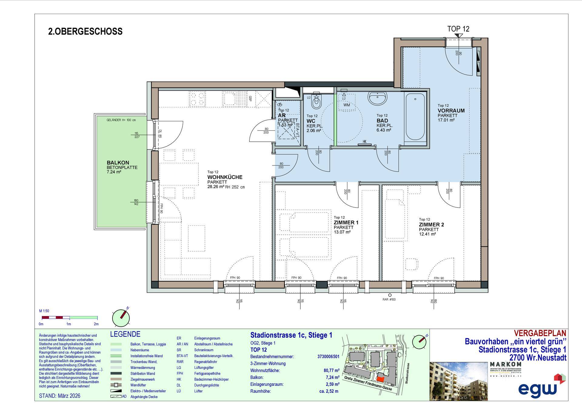 Grundriss einer 3-Zimmer-Wohnung im 2. Obergeschoss mit Balkon, offener Wohnküche und Parkettboden.
