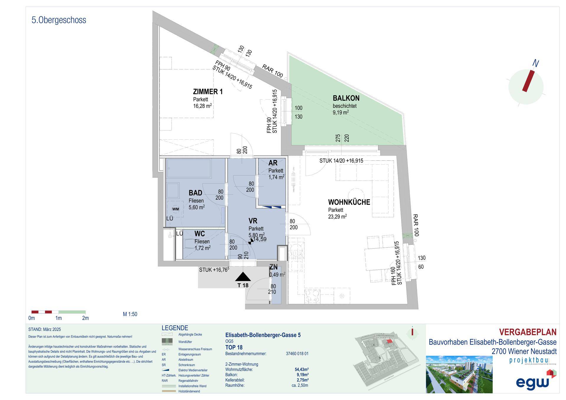 Detaillierter Grundriss einer Wohnung im 5. Obergeschoss mit Wohnküche, Schlafzimmer und Balkon.