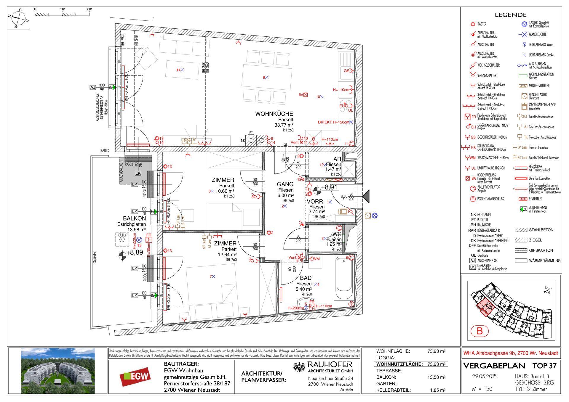 Grundriss einer Wohnung mit Wohnküche, zwei Zimmern, Bad, WC und Balkon.