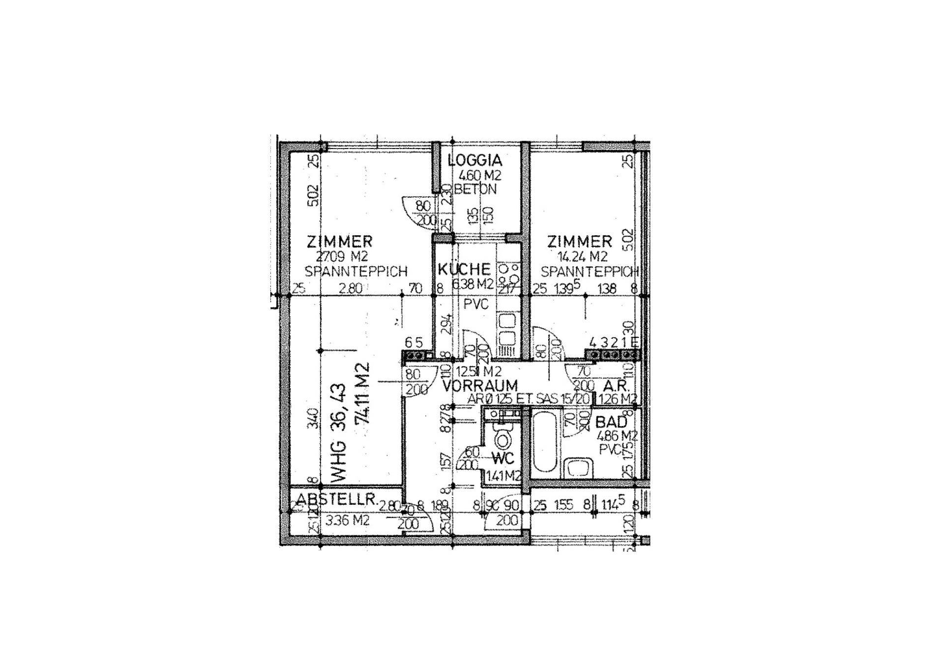 Grundriss einer Wohnung mit zwei Zimmern, separater Küche, Bad, Gäste-WC und Loggia.