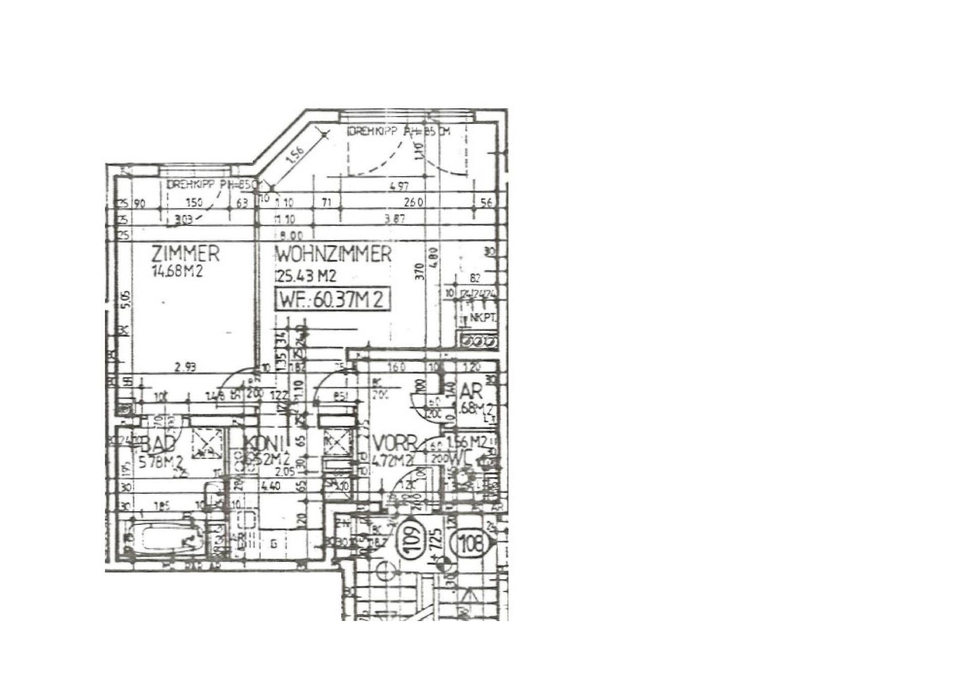 Detaillierter Grundriss einer Wohnung mit Wohnzimmer, Zimmer, Bad und Abstellraum.