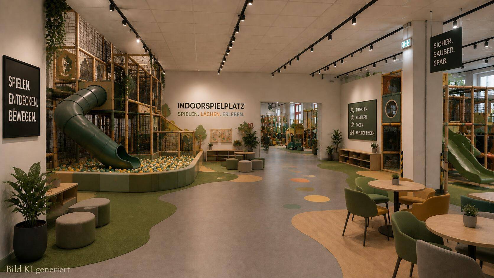 Großer, moderner Indoor-Spielplatz mit Rutsche, Bällebad und verschiedenen Spielbereichen sowie Sitzgelegenheiten.