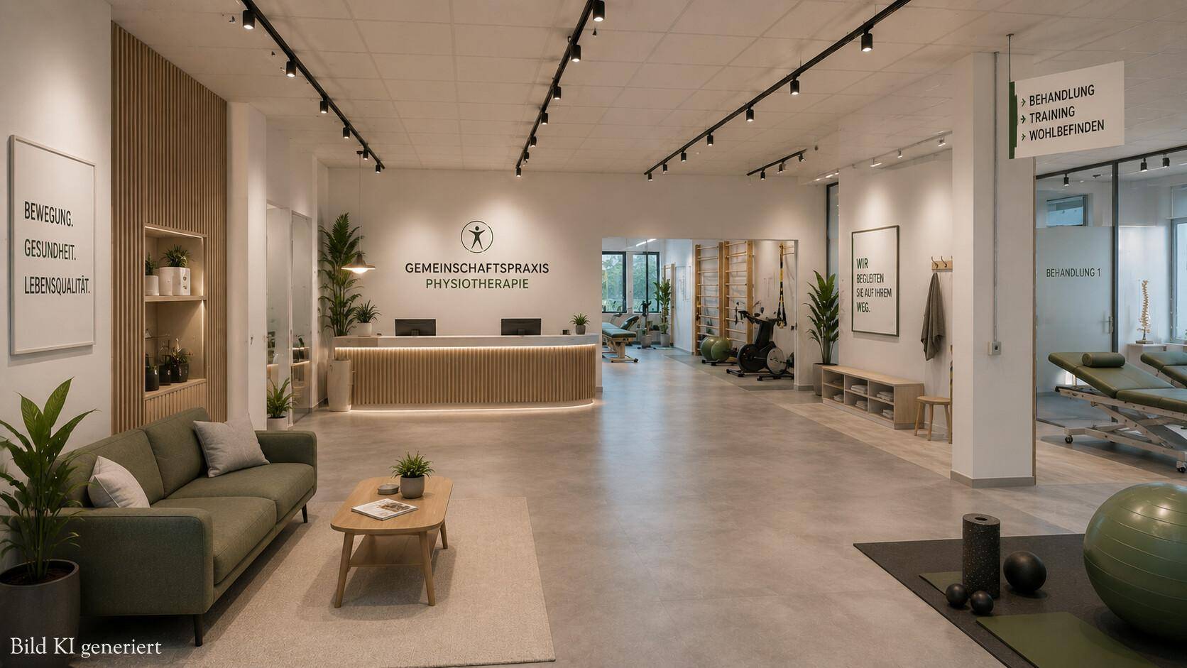 Moderne Gemeinschaftspraxis für Physiotherapie mit hellem Empfangsbereich, Wartezone und Behandlungsräumen.