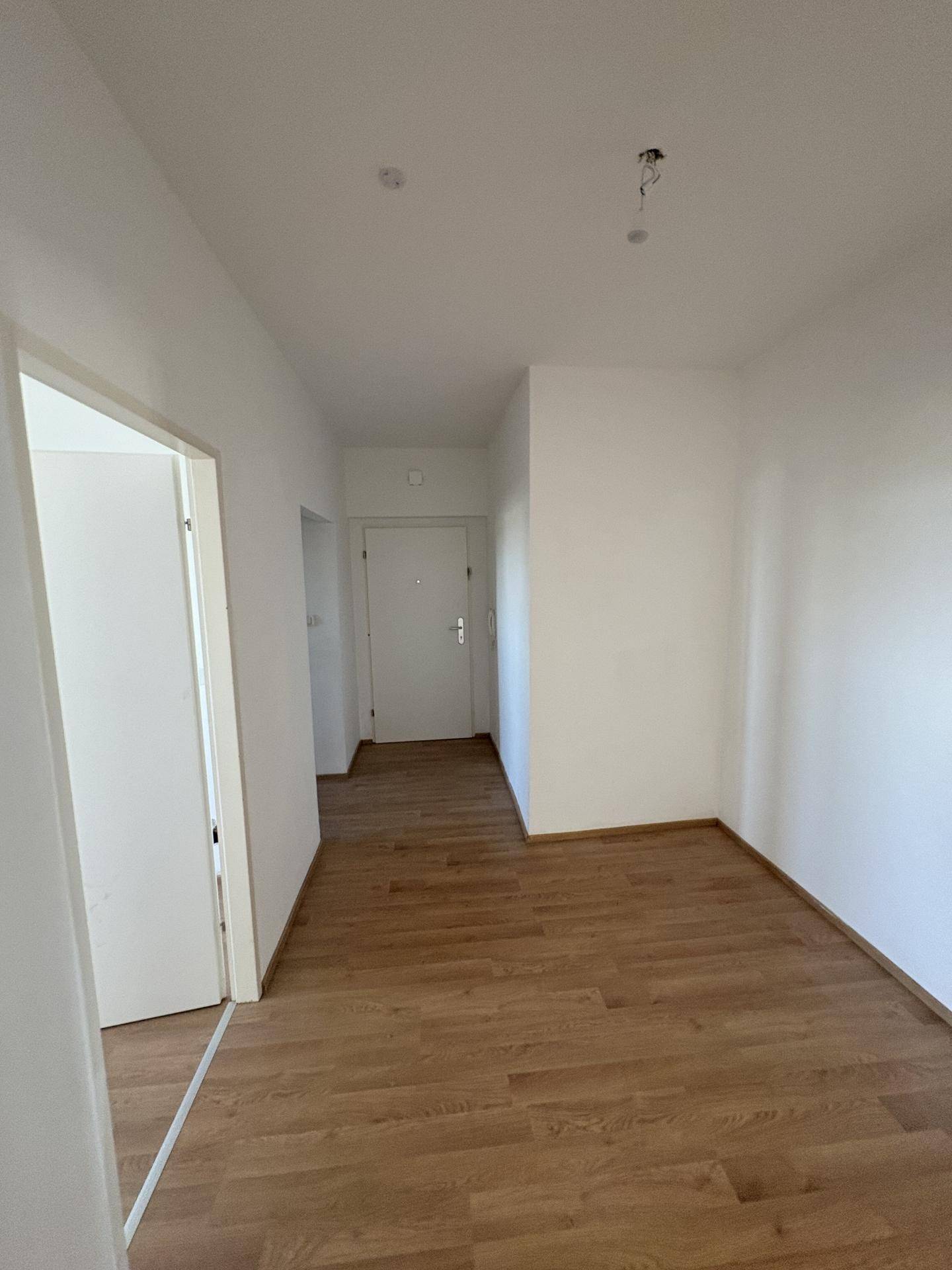 Geräumiger Flur mit Laminatboden und weißen Wänden.