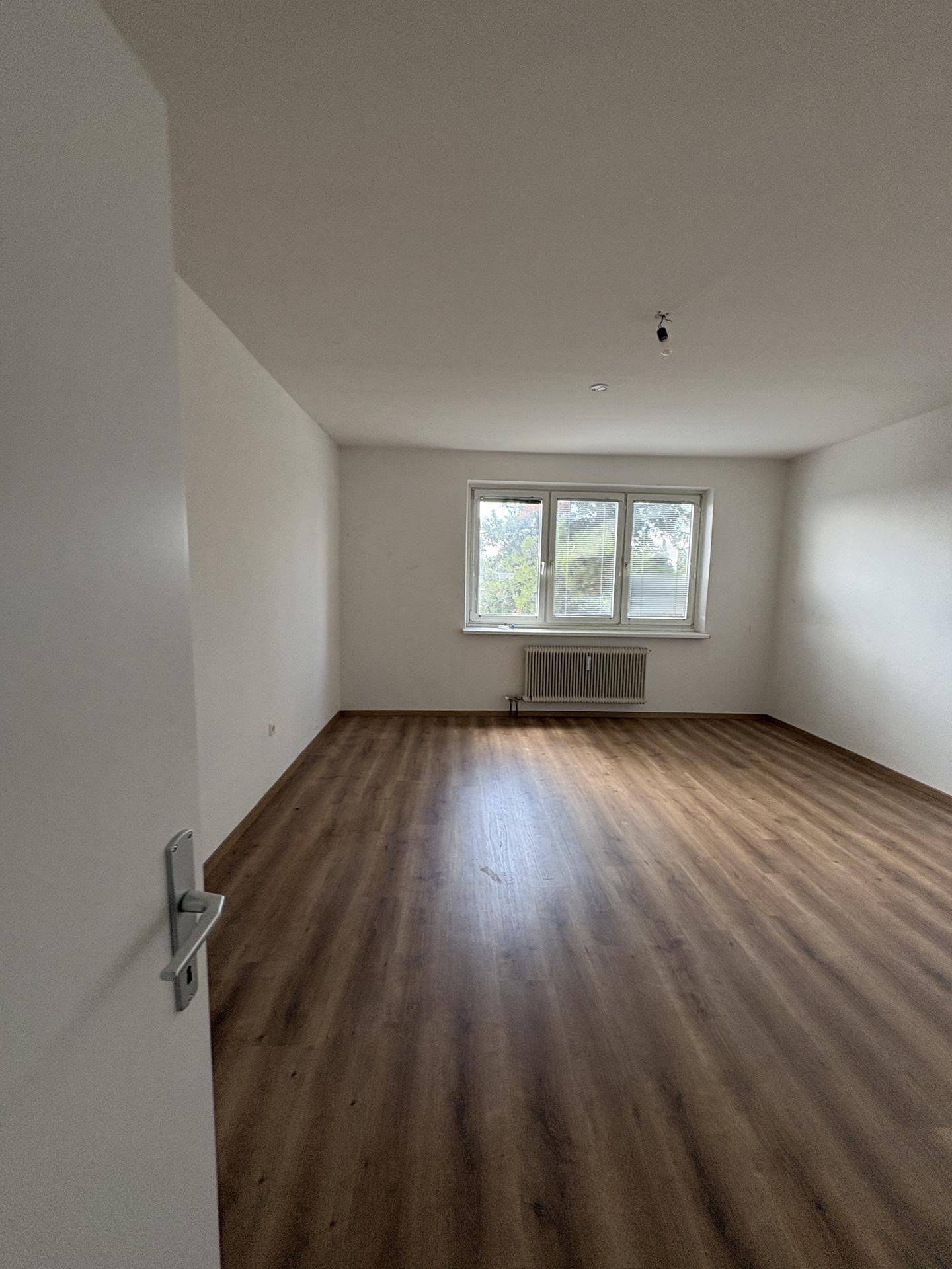 Geräumiges, leeres Zimmer mit Laminatboden, weißen Wänden und Fenster für natürliche Beleuchtung.