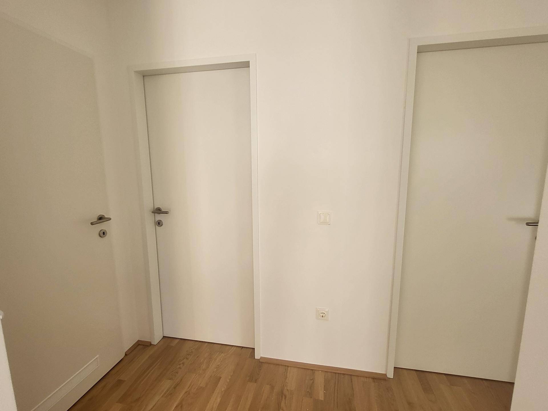 Heller Flur mit mehreren weißen Türen und ansprechendem Holzfußboden.