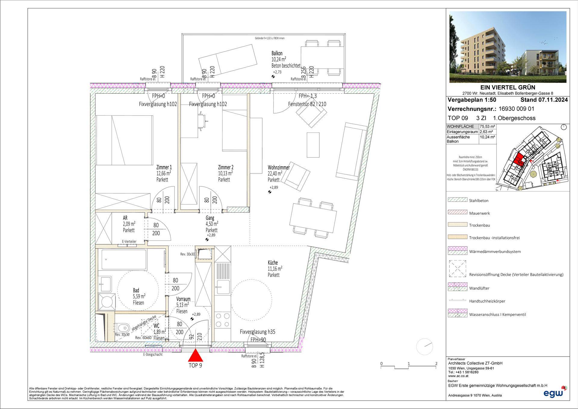 Detaillierter Grundriss einer Wohnung mit drei Zimmern, Balkon und offenem Wohnbereich.