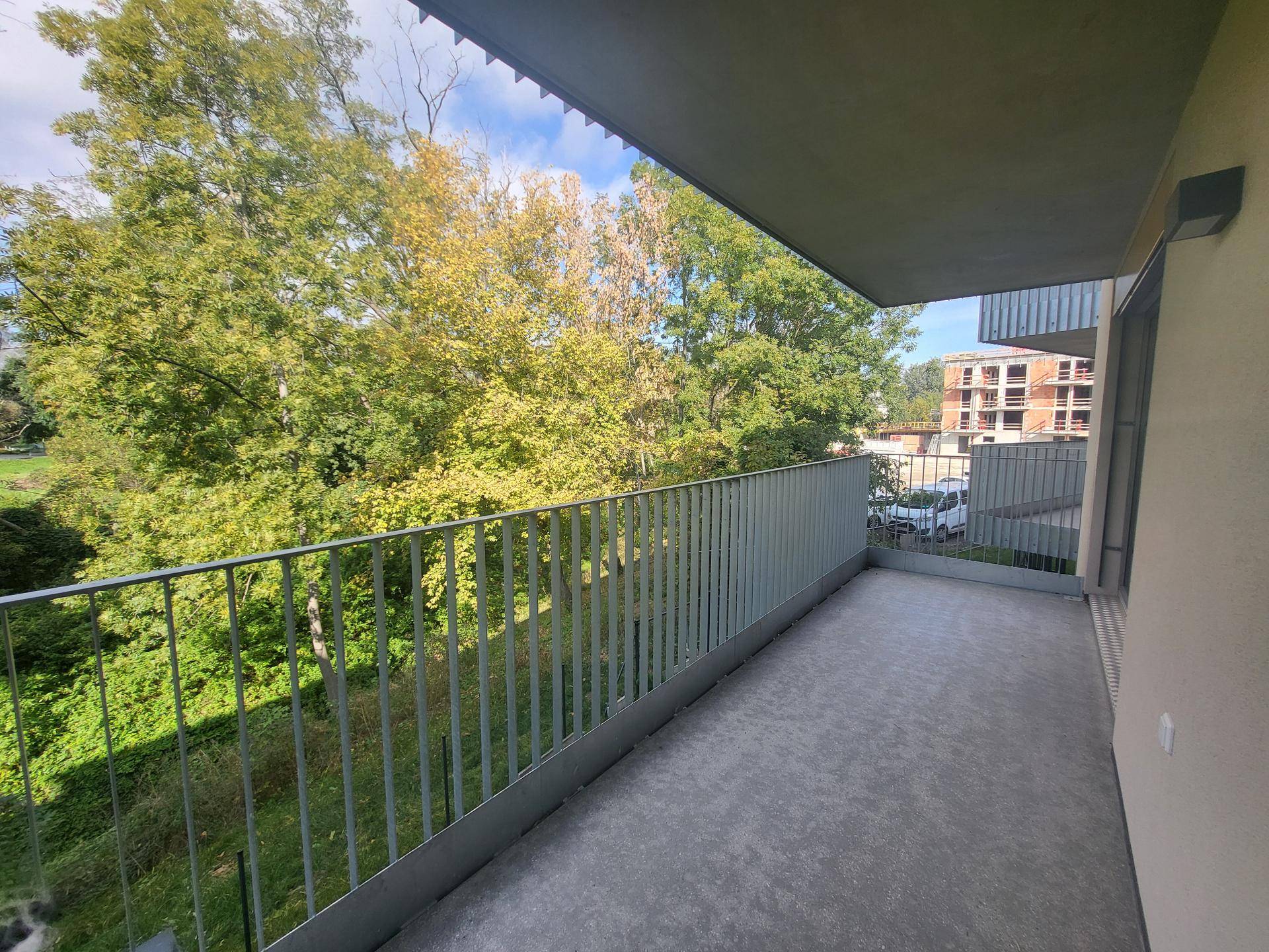 Geräumiger Balkon mit Blick auf grüne Bäume und die umliegende Bebauung.