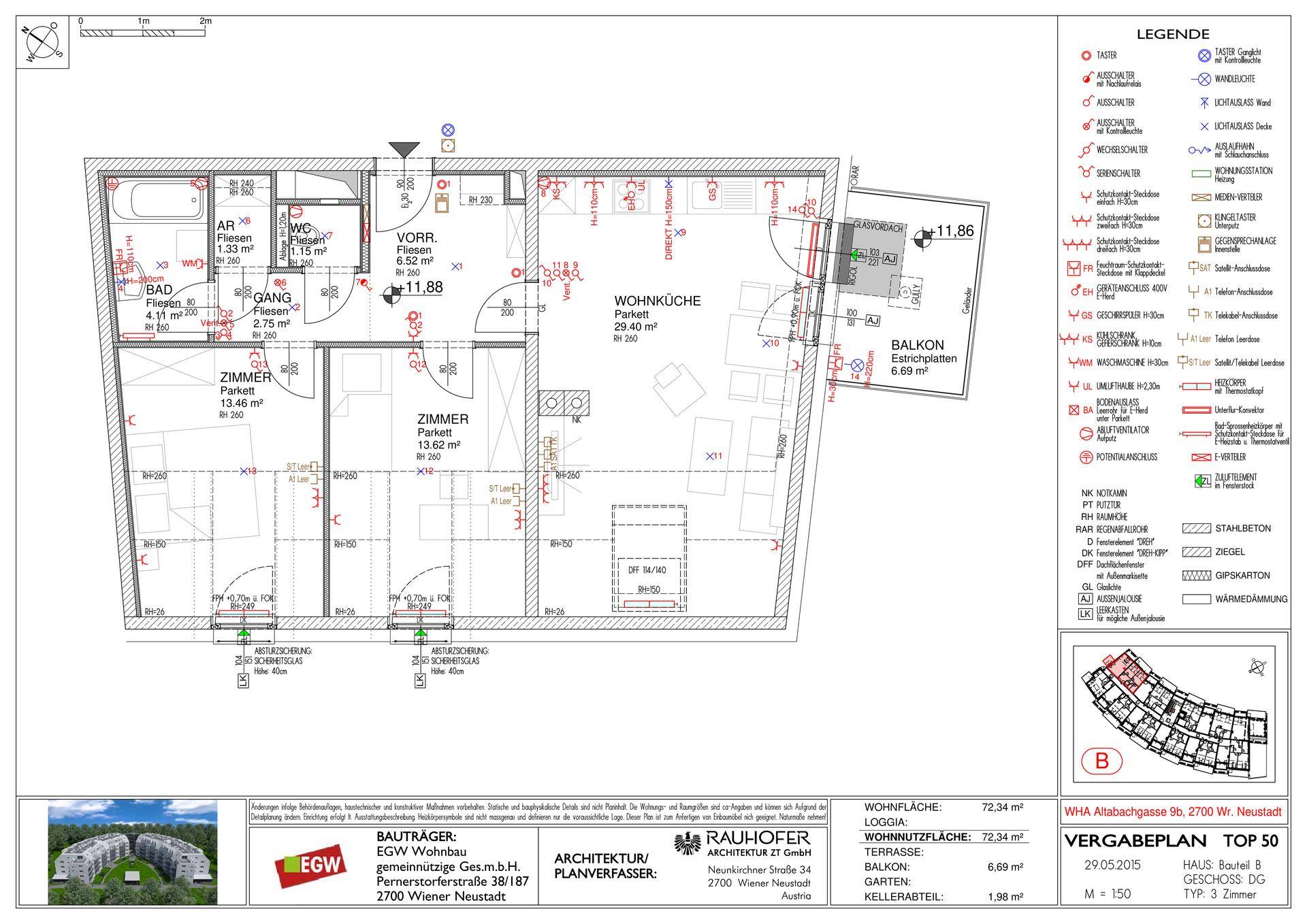 Grundriss einer Wohnung mit Wohnküche, Schlafzimmer, Bad und Balkon.