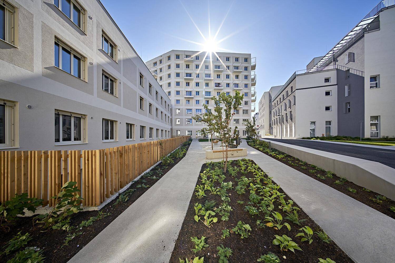 Moderne Wohngebäude mit gepflegter Außenanlage und sonnigem Himmel, die eine angenehme Atmosphäre schaffen.